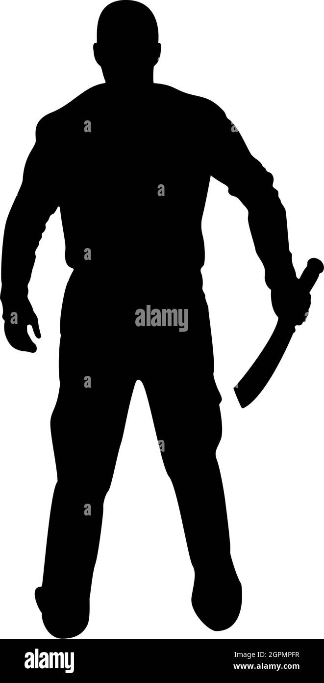 Silhouette man with sword machete cold weapons in hand military man soldier serviceman in positions hunter with knife fight poses strong defender warrior concept weaponry stand view from rear terrible and scary black color vector illustration flat style i Stock Vector