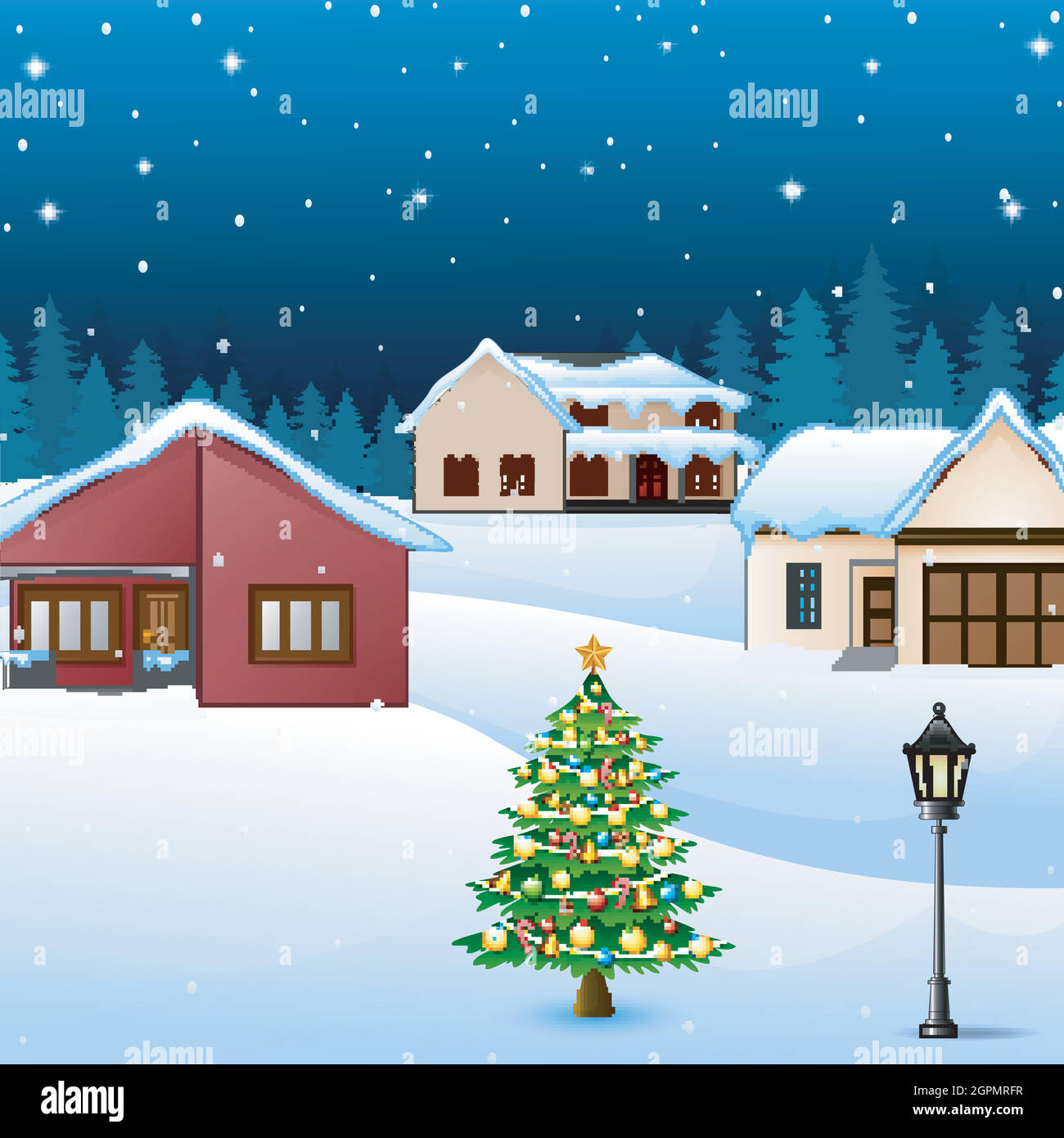 Night winter village landscape with snow covered house and christmas tree Stock Vector
