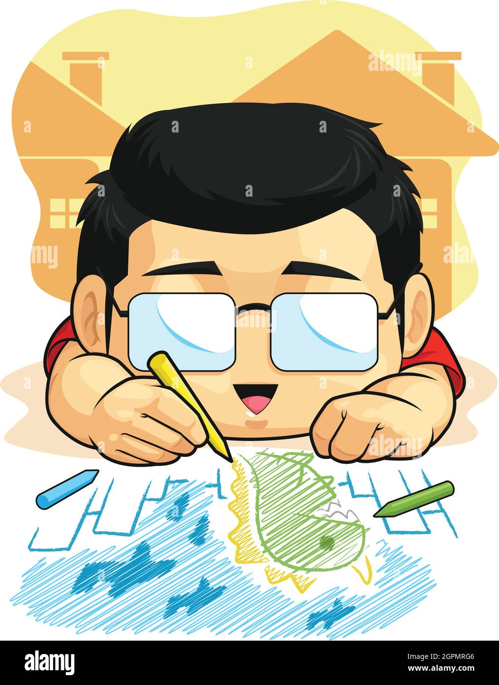 Boy Drawing Doodling Child Education Activity Cartoon Illustration