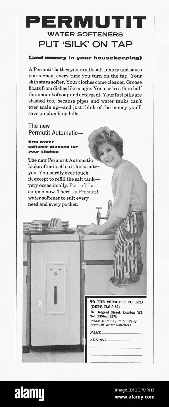 A 1960s advert for Permutit water softener on sale in the UK. The advert appeared in a magazine published in the UK in October 1962. The photograph shows a woman doing her washing-up next to the kitchen unit, which is huge compared with water softeners today. The words indicate the advantages and the cost-savings of the device. The British was founded in 1899 in Chiswick, west London. It became United Water Softeners Ltd until it changed back to The Permutit Company Ltd in 1937 – vintage 1960s graphics. Stock Photo