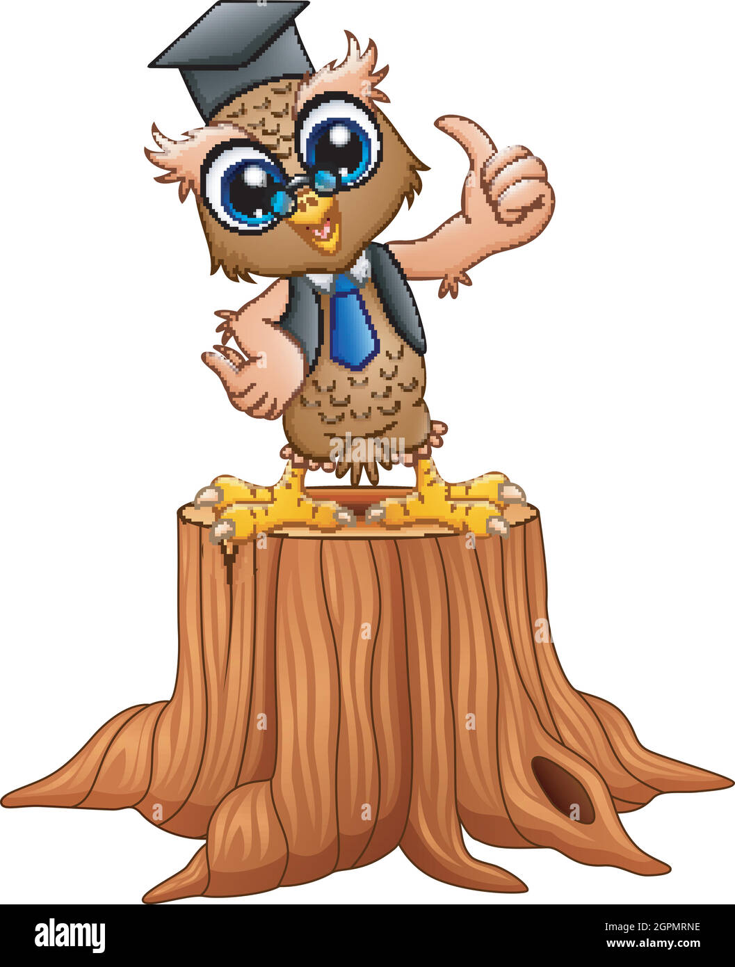 Cartoon wise owl in graduation cap on tree stump Stock Vector