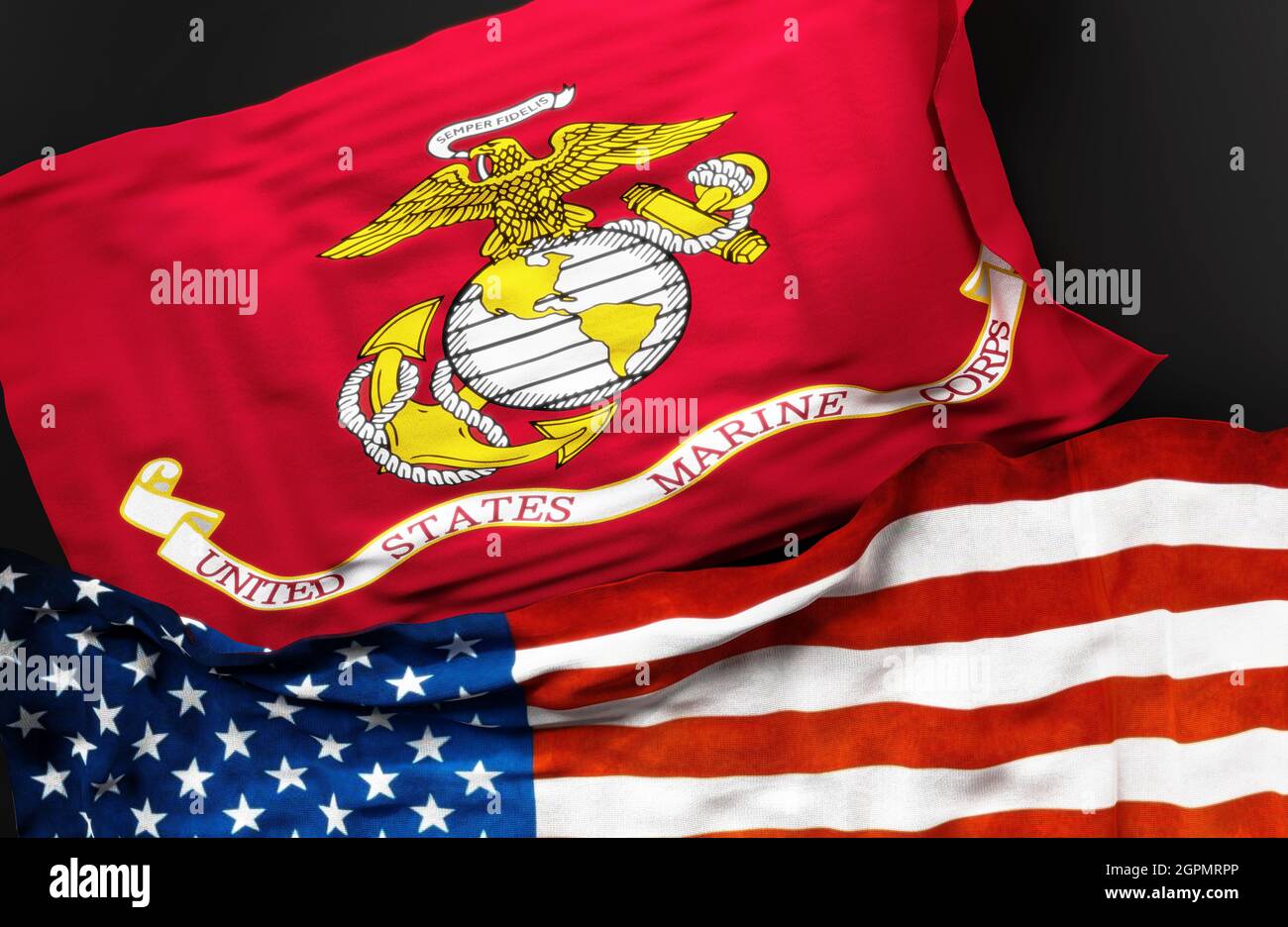 Flag of the United States Marine Corps along with a flag of the United States of America as a symbol of a connection between them, 3d illustration Stock Photo