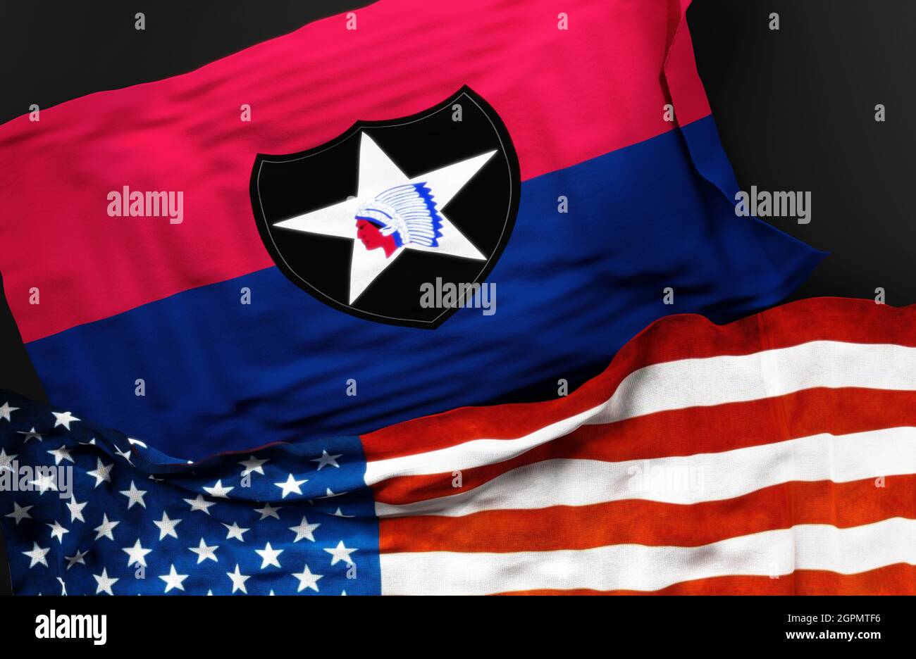 Flag of the United States Army 2nd Infantry Division along with a flag of the United States of America as a symbol of a connection between them, 3d il Stock Photo