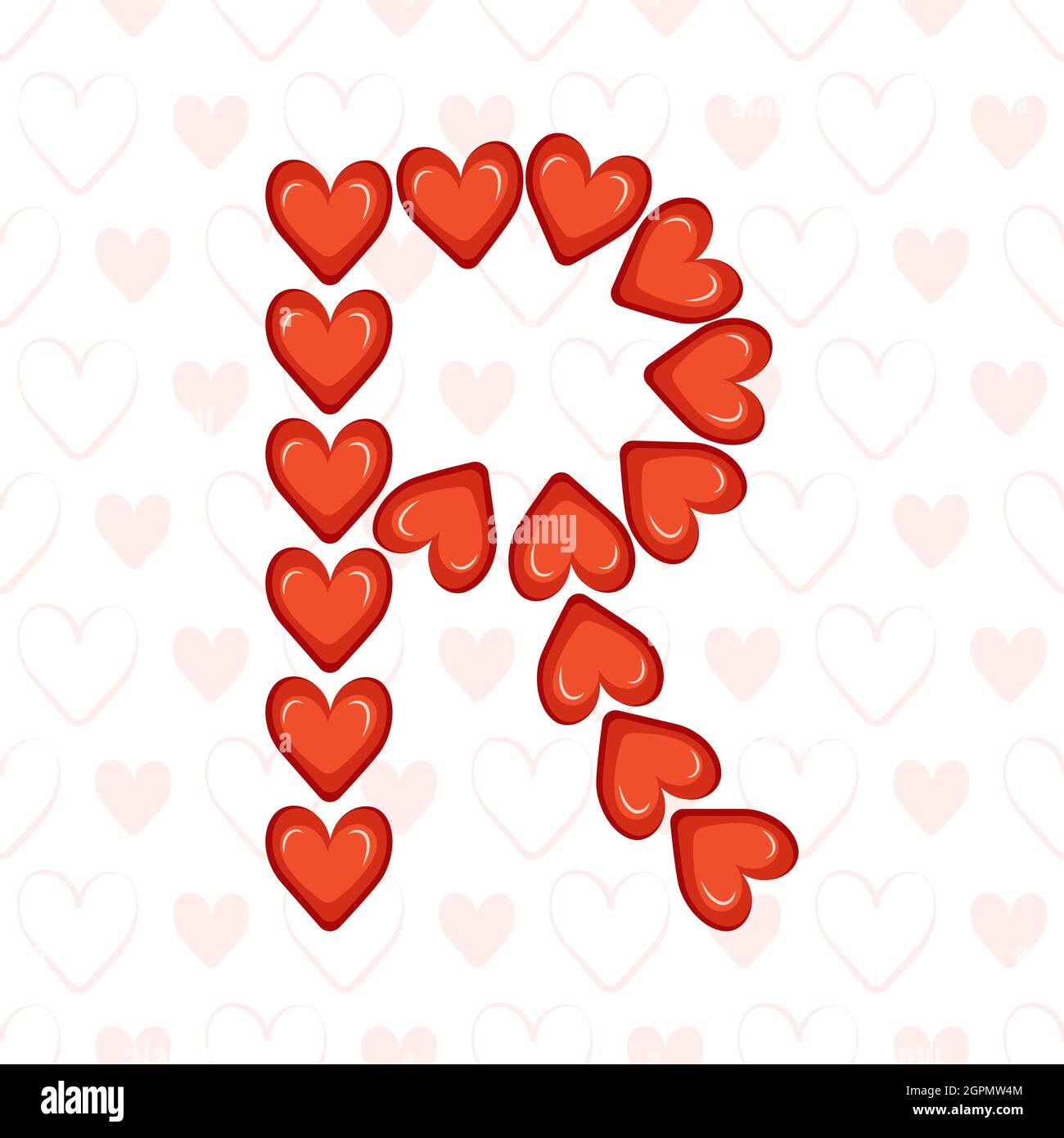 Letter R from red hearts on seamless pattern with love symbol ...