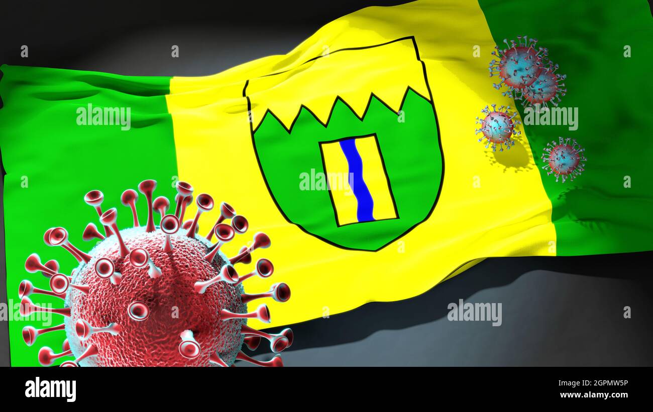Covid in Kimberley British Columbia - coronavirus attacking a city flag of Kimberley British Columbia as a symbol of a fight and struggle with the vir Stock Photo