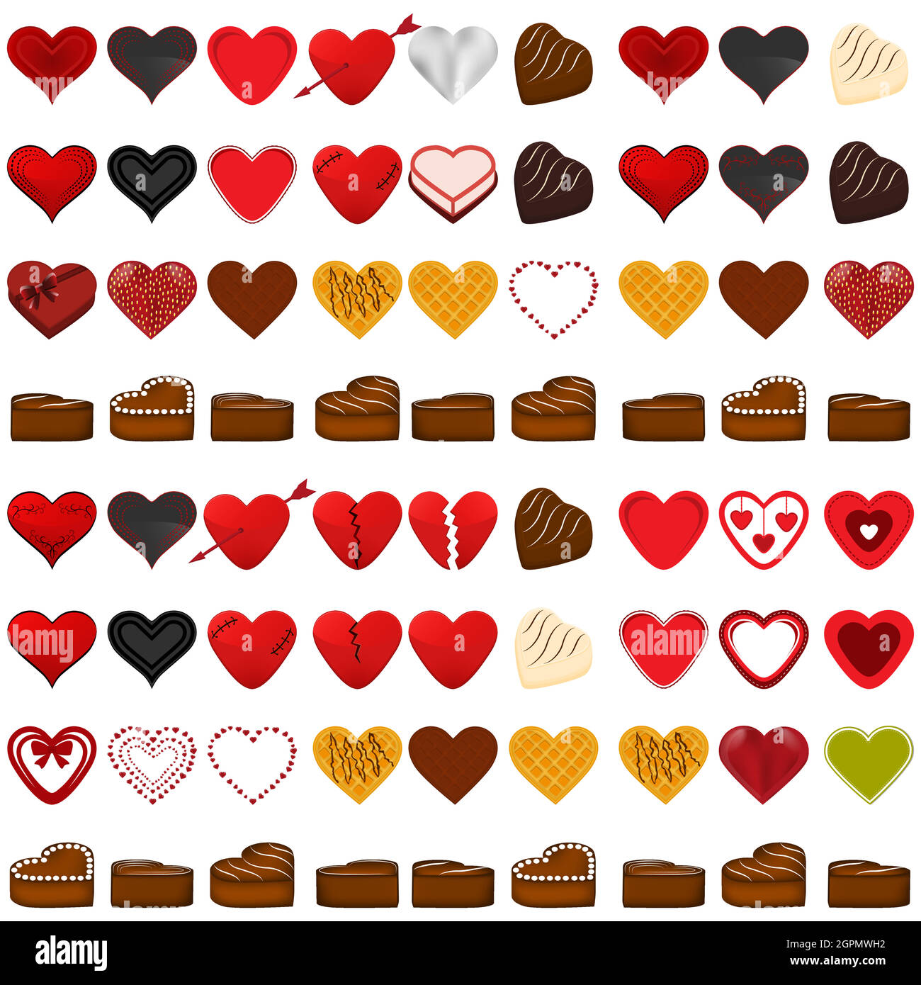 Illustration on theme beautiful big set sweet chocolate candy heart Stock Vector