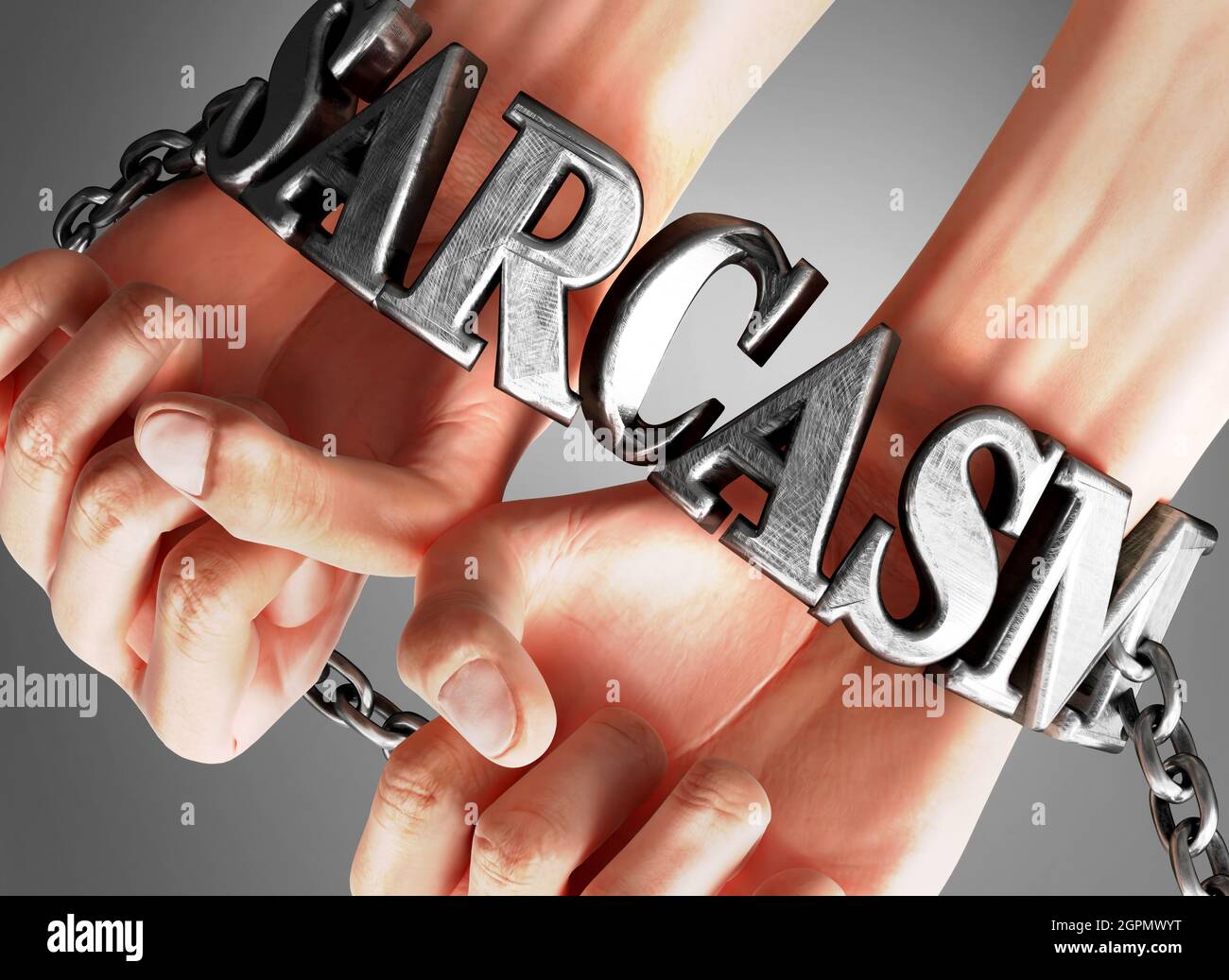 Social impact and influence of sarcasm - analogy showing human hands in chains with a word sarcasm as a symbol of its burden and misery it bring to hu Stock Photo