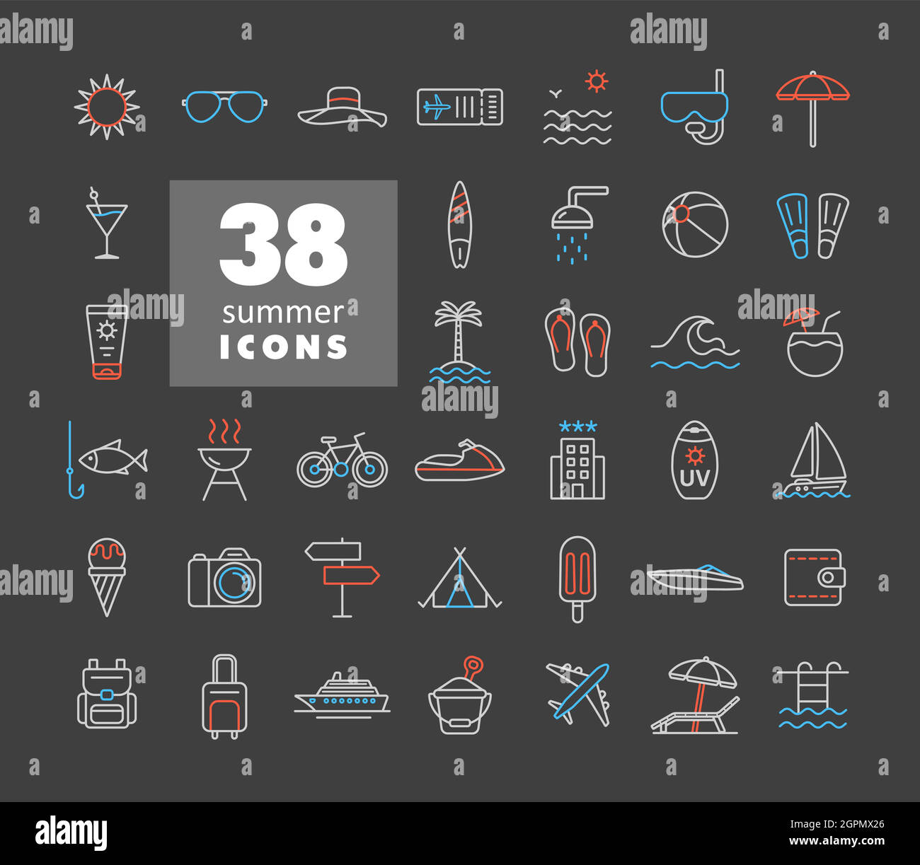 Summer vector flat icons set on dark background. Summertime sign Stock Vector