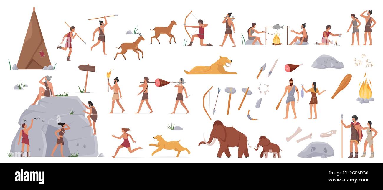 Prehistoric stone age cave people, tools and ancient wild animals vector illustration set. Cartoon caveman hunter characters of primal tribe hunt with weapon, cook food on fire isolated on white Stock Vector