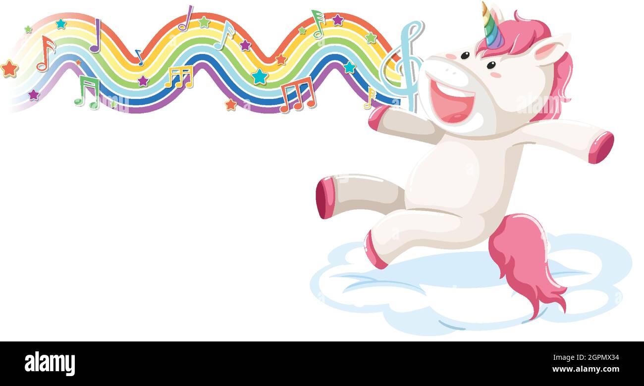 Unicorn jumping on the cloud with melody symbols on rainbow wave ...