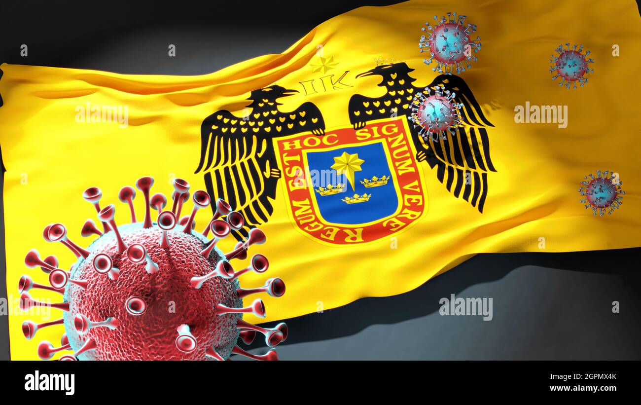 Covid in Lima - coronavirus attacking a city flag of Lima as a symbol of a fight and struggle with the virus pandemic in this city, 3d illustration Stock Photo
