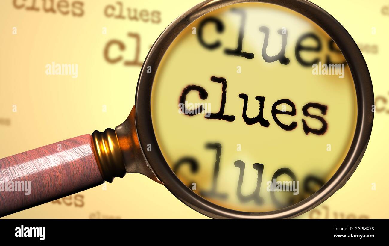 Clues abstract concept and a magnifying glass enlarging English word