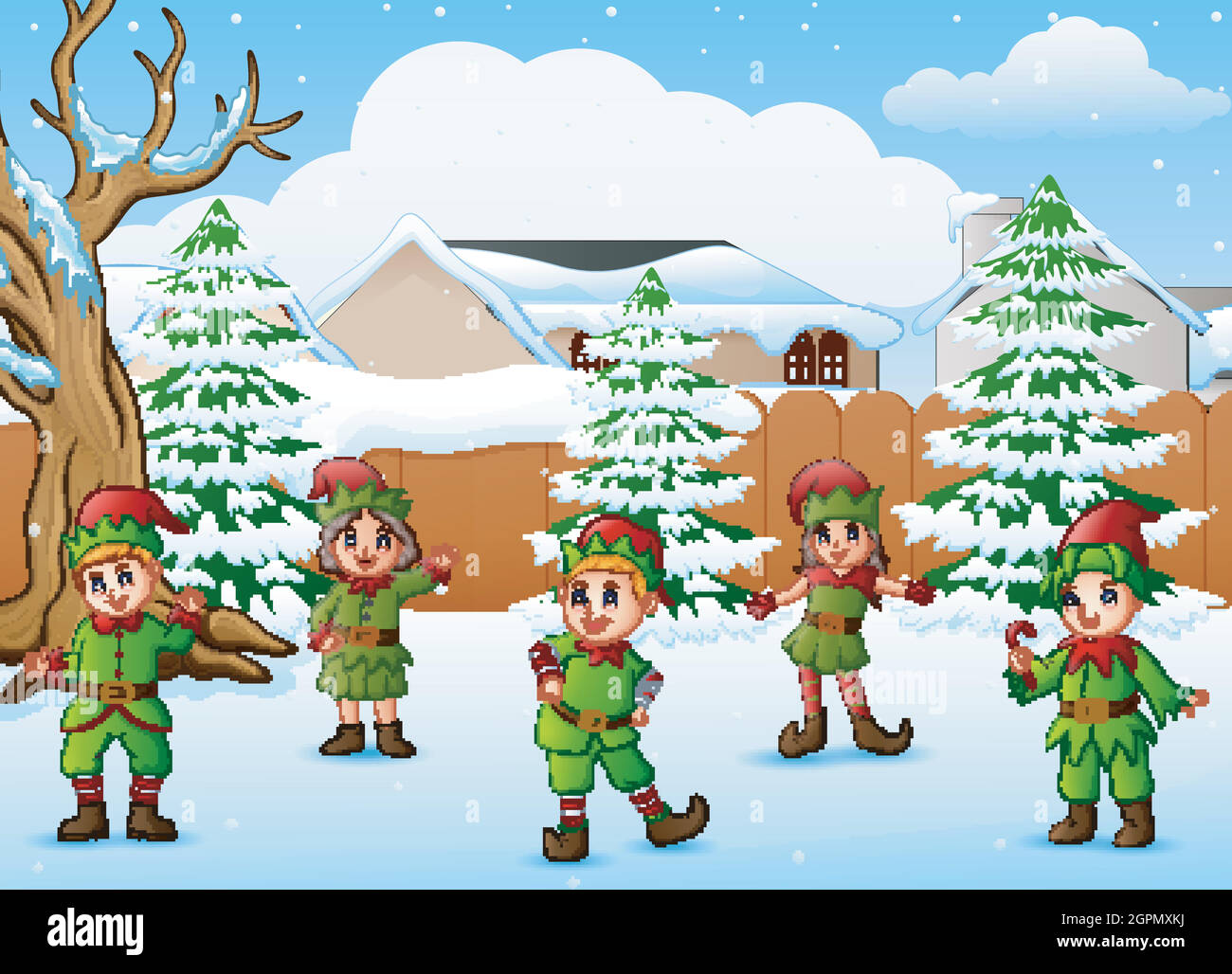 Happy kid wearing elf costume in the snowing village Stock Vector