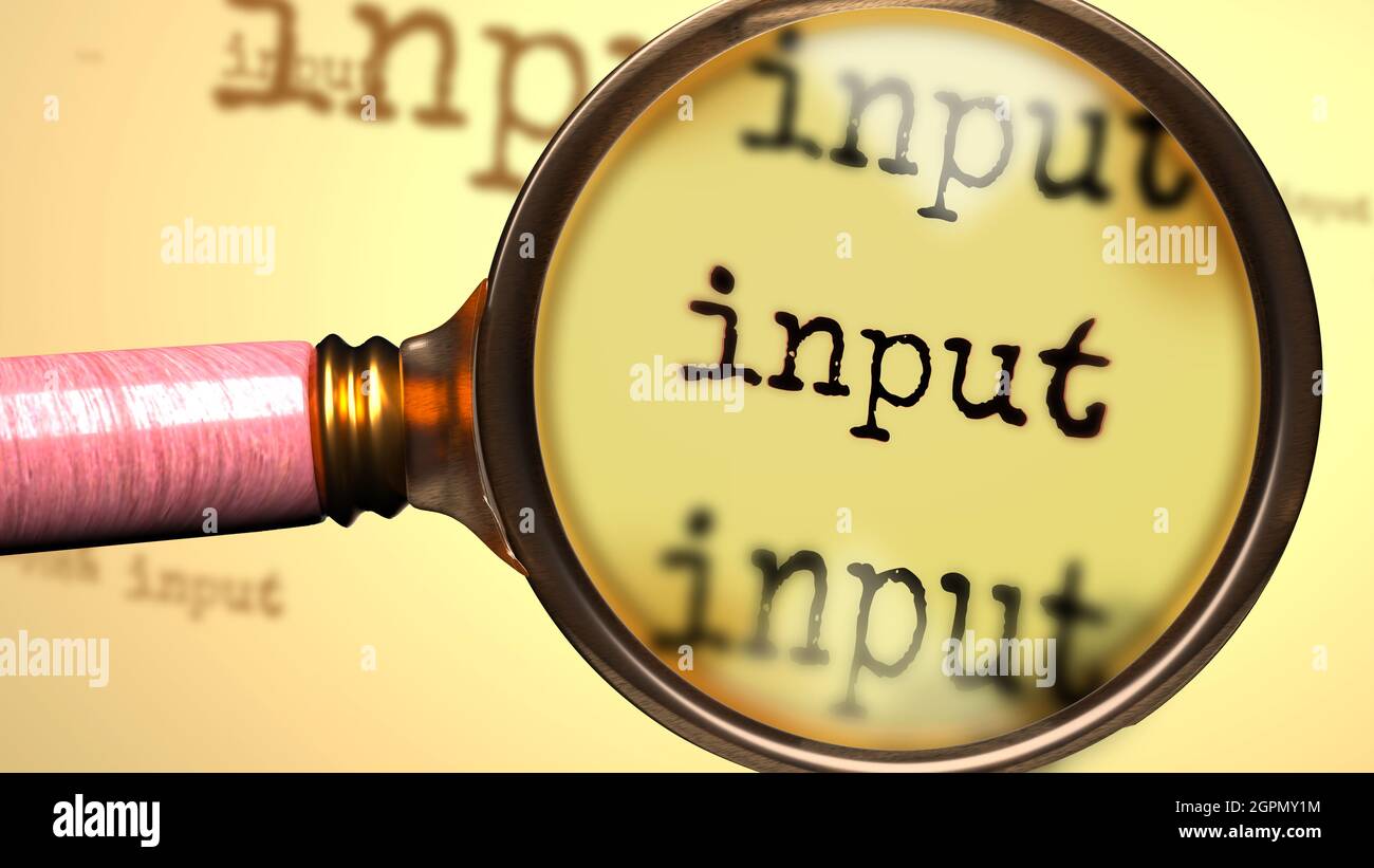 Input - abstract concept and a magnifying glass enlarging English word Input to symbolize studying, examining or searching for an explanation and answ Stock Photo