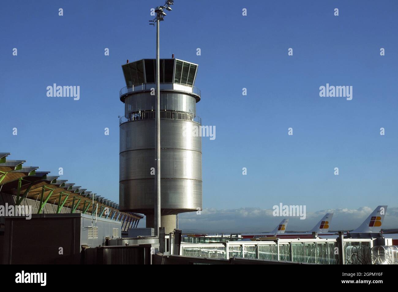 The Ground control tower at terminal T4S of Adolfo Suarez Madrid–Barajas Airport the main international airport serving Madrid in Spain Stock Photo