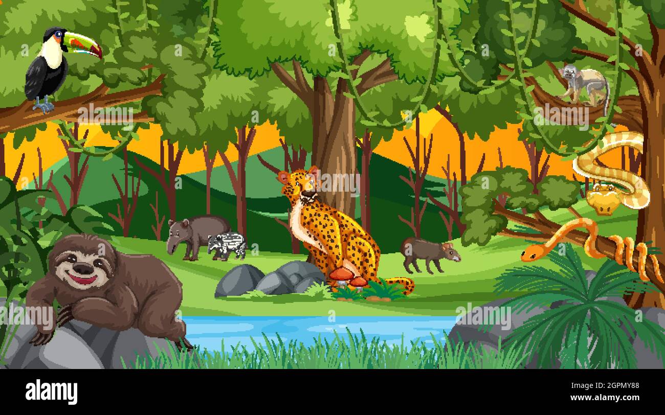 Wild animals in nature forest scene at daytime illustration Stock Vector  Image & Art - Alamy