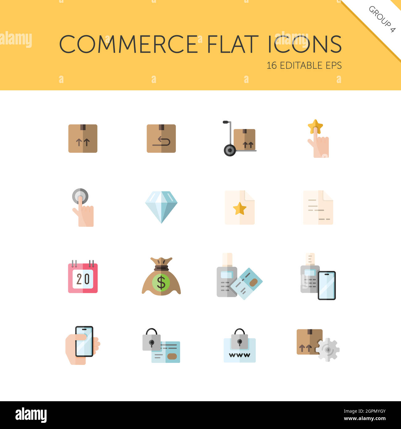 Commerce. Box, diamond, hand, swiping machine, security, money and calendar group. Isolated color icon set. Flat vector illustration Stock Vector