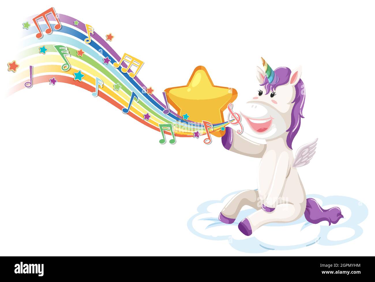 Cute unicorn sitting on the cloud with melody symbols on rainbow ...