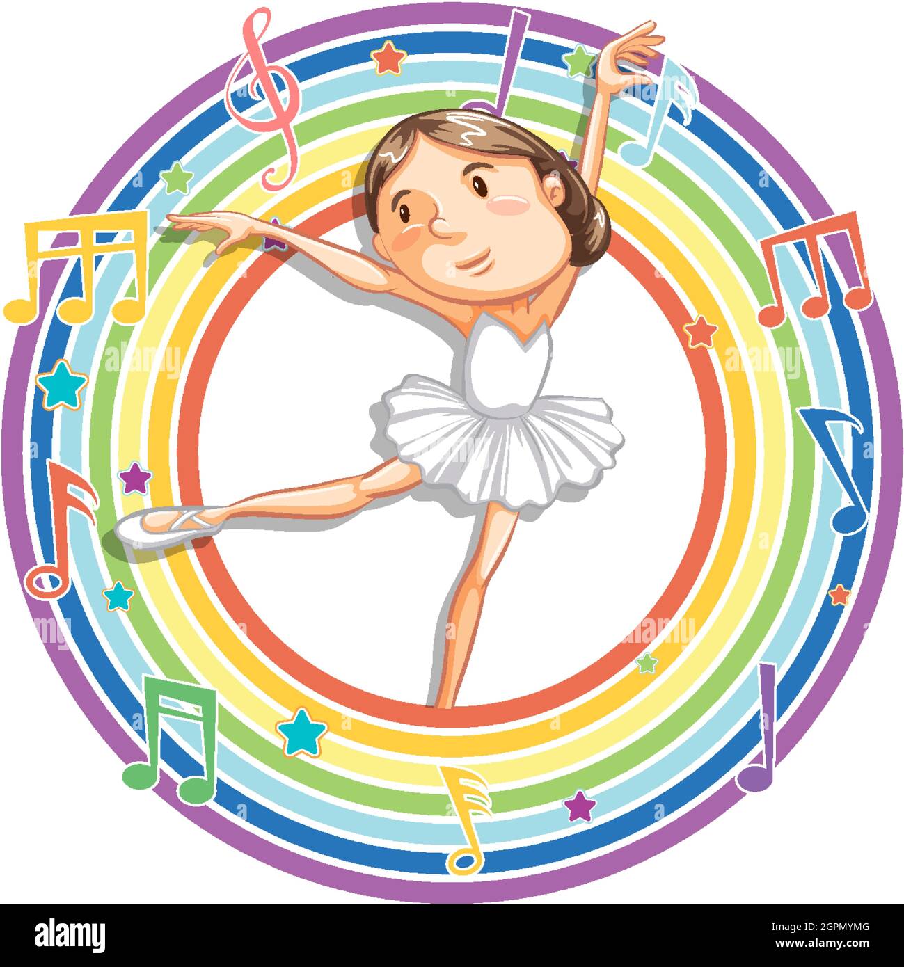 Ballerina in rainbow round frame with melody symbols illustration Stock ...