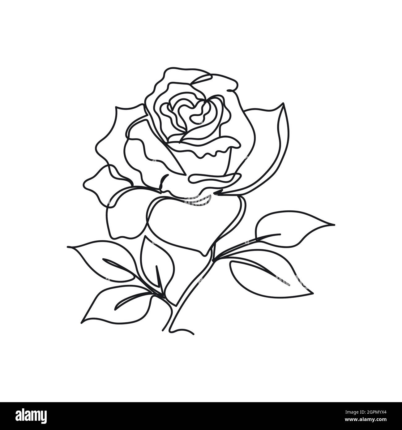 Continuous one line of flower rose in silhouette. Minimal style. Perfect for cards, party invitations, posters, stickers, clothing. Black abstract icon. Stock Vector