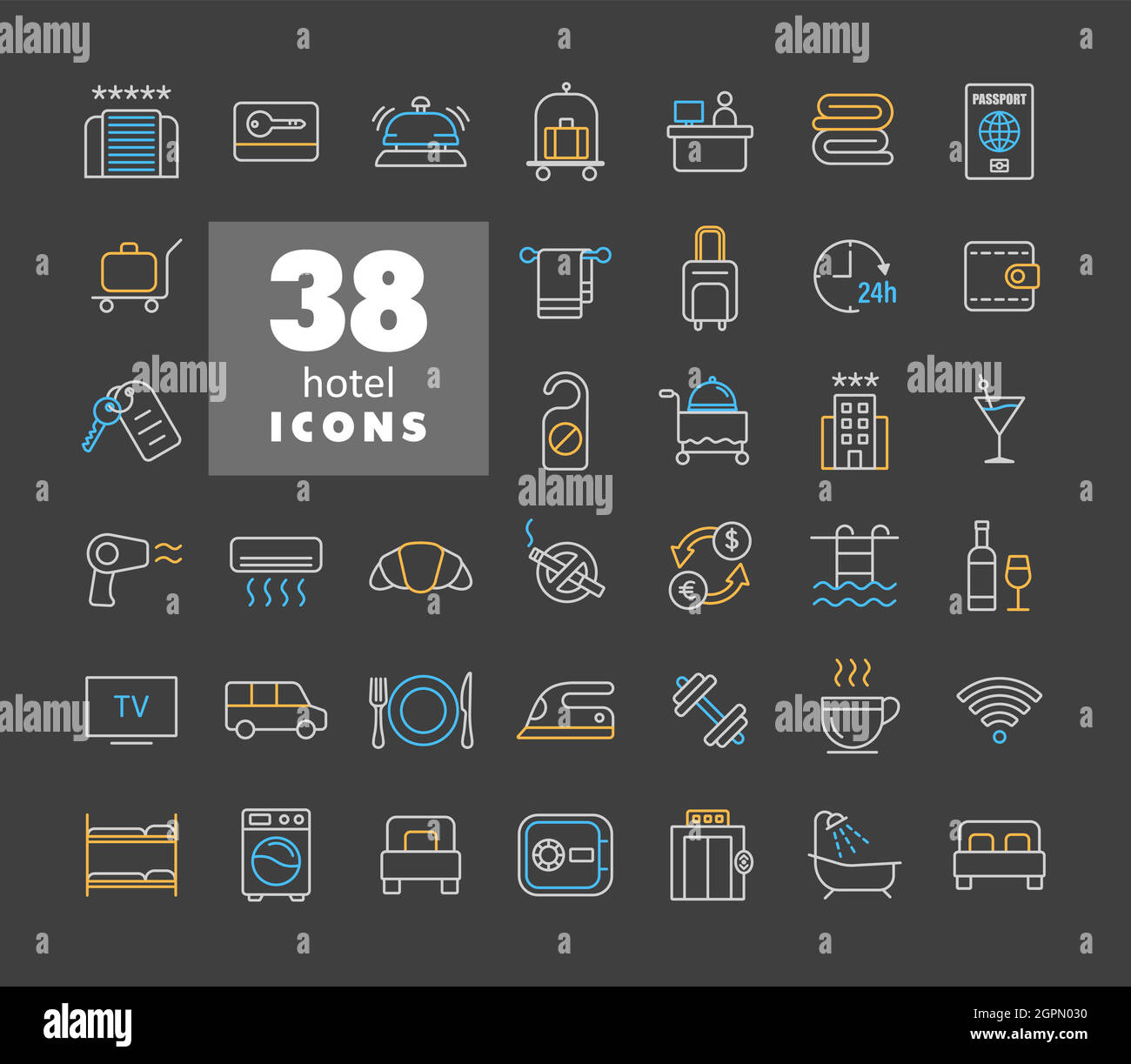 Hotel vector flat icon set on dark background Stock Vector
