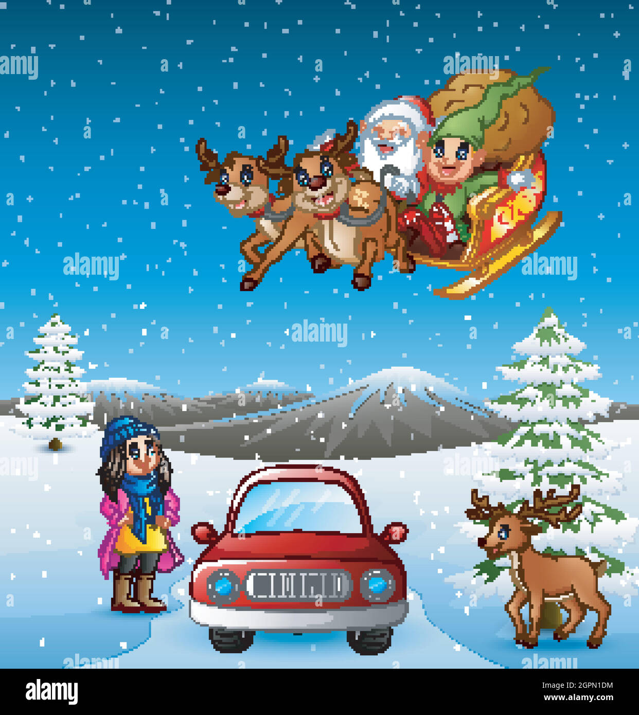 Happy girl riding car in the snowing hill with santa flying over her Stock Vector