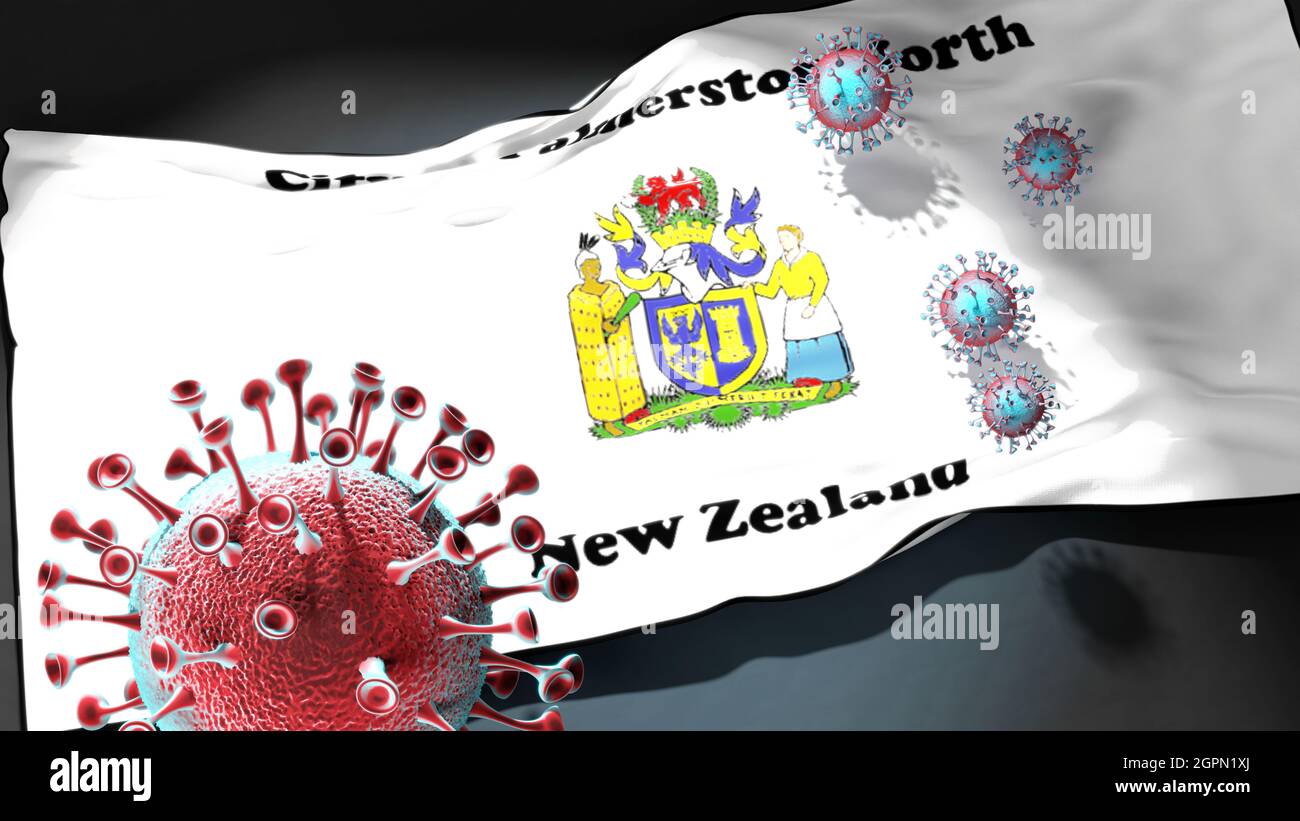 Covid in Palmerston North New Zealand - coronavirus attacking a city flag of Palmerston North New Zealand as a symbol of a fight and struggle with the Stock Photo