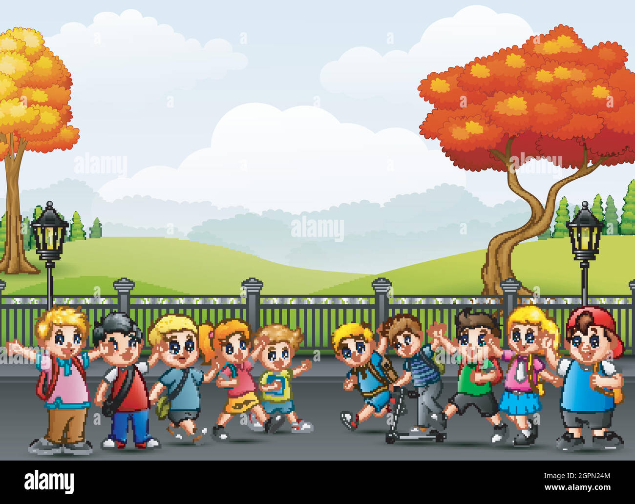 Cartoon happy school children on the street Stock Vector