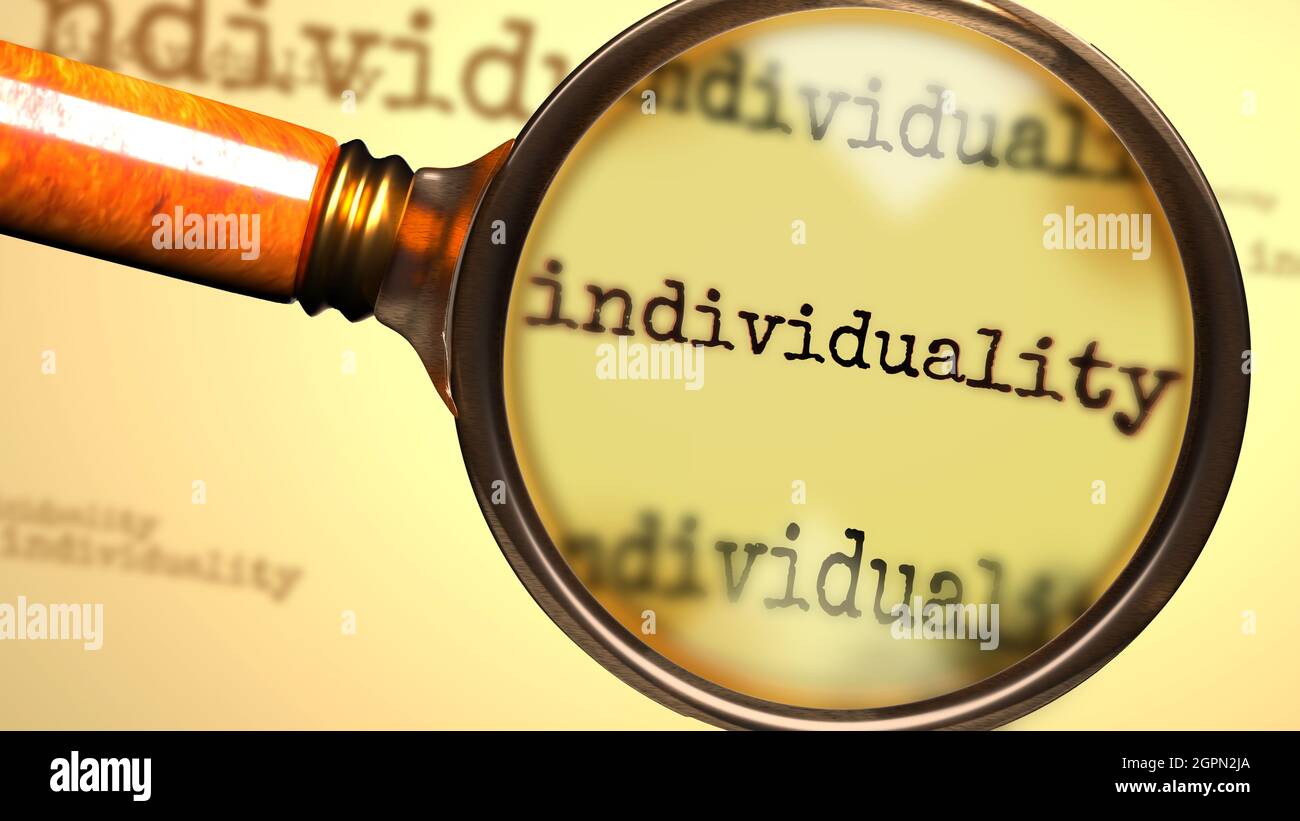 Individuality and a magnifying glass on English word Individuality to symbolize studying, examining or searching for an explanation and answers relate Stock Photo