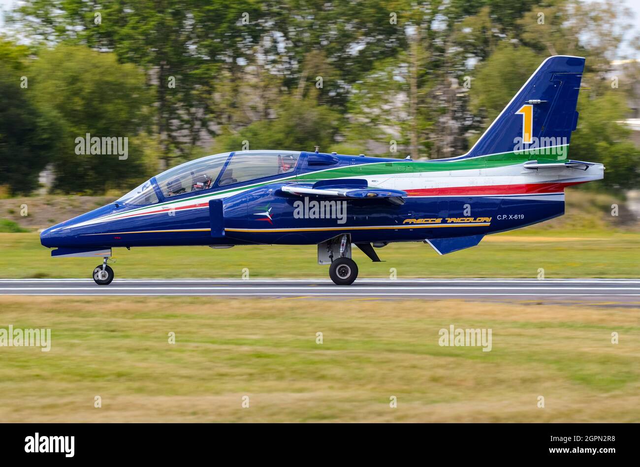 Aermacchi M 345 advanced military jet trainer plane serial CPX619 in Frecce Tricolori display team colours. Italian Air Force jet training airplane Stock Photo