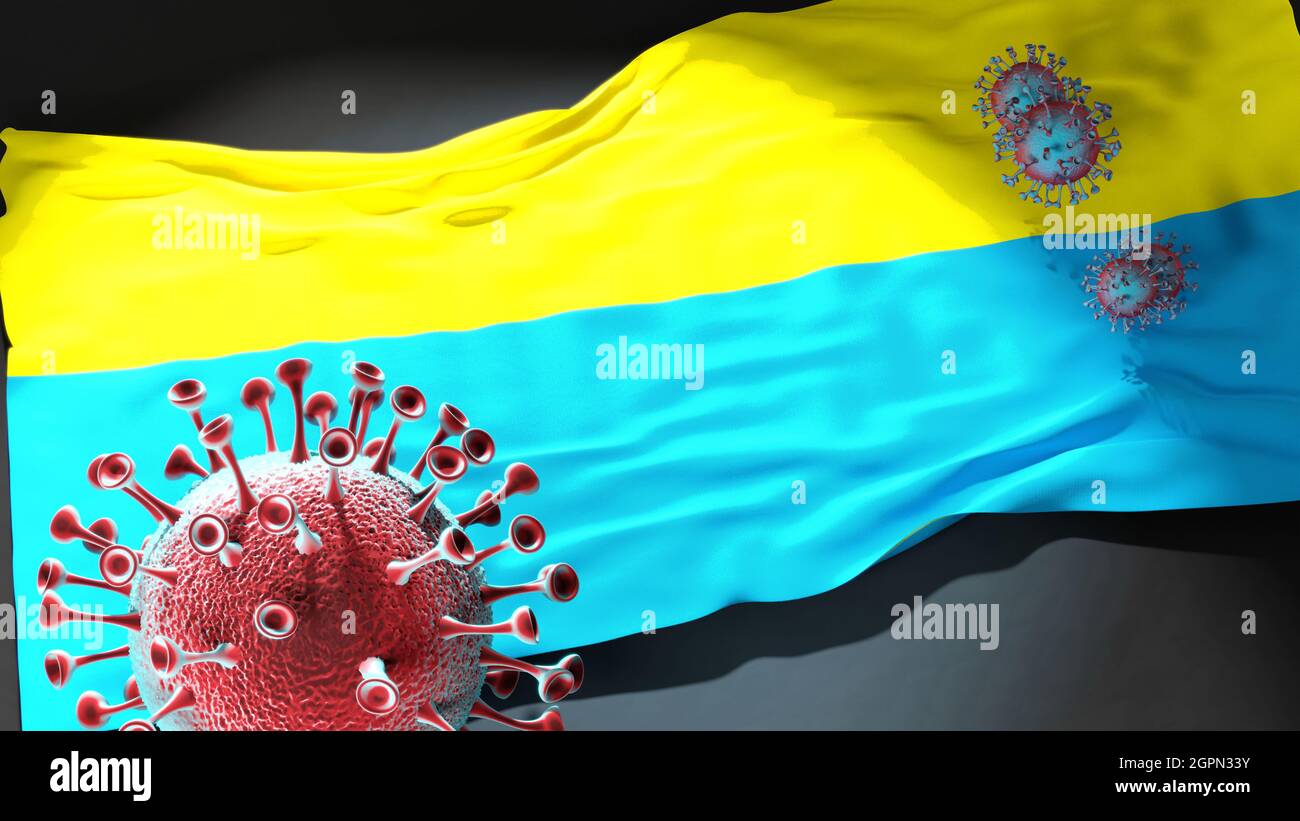 Covid in Opole - coronavirus attacking a city flag of Opole as a symbol of a fight and struggle with the virus pandemic in this city, 3d illustration Stock Photo