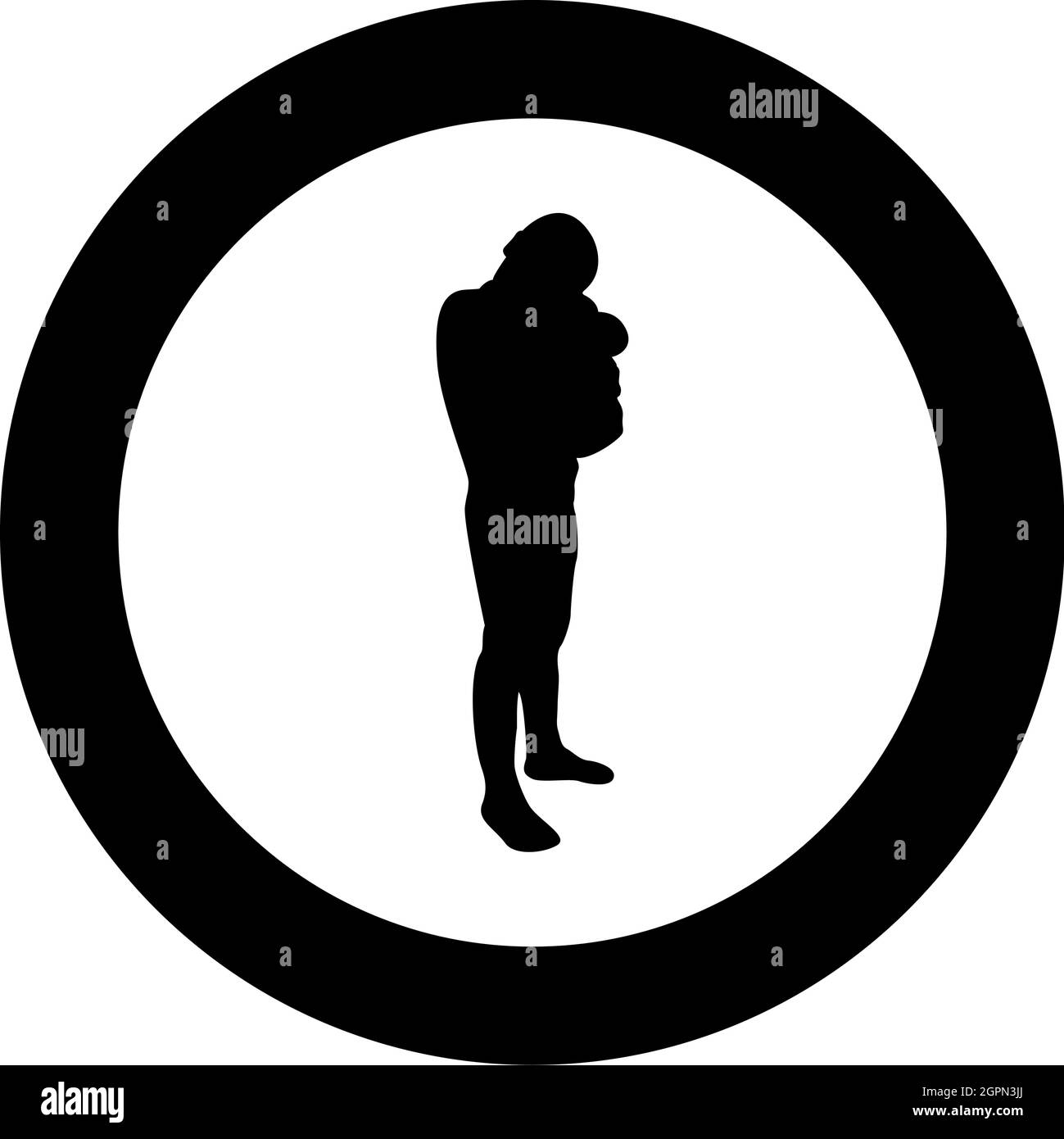 Boy hugs pillow arm Child holds cushion hugging hands Preschool hug Cute brother standing Son stand Children happy Kid going to bed Person bedtime concept Sleep snuggle idea View side silhouette in circle round black color vector illustration solid outlin Stock Vector