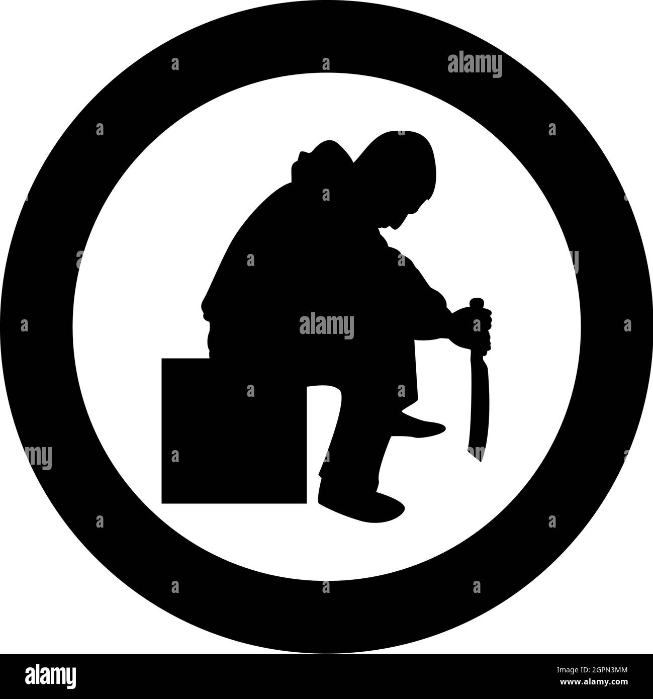 Man with sword machete Cold weapons in hand military man Soldier Serviceman in positions Hunter with knife Fight poses Strong defender Warrior concept Weaponry Sit on box silhouette in circle round black color vector illustration solid outline style image Stock Vector