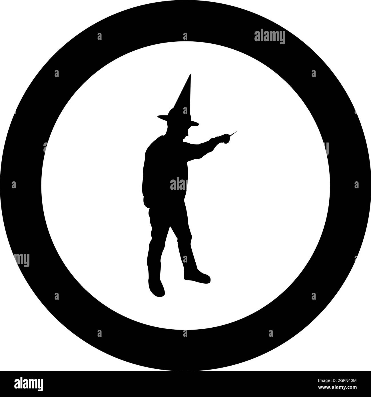 Wizard holds magic wand trick Waving Sorcery concept Magician Sorcerer Fantasy person Warlock man in robe with magical stick Witchcraft in hat mantle Mage conjure Mystery idea Enchantment silhouette in circle round black color vector illustration solid ou Stock Vector