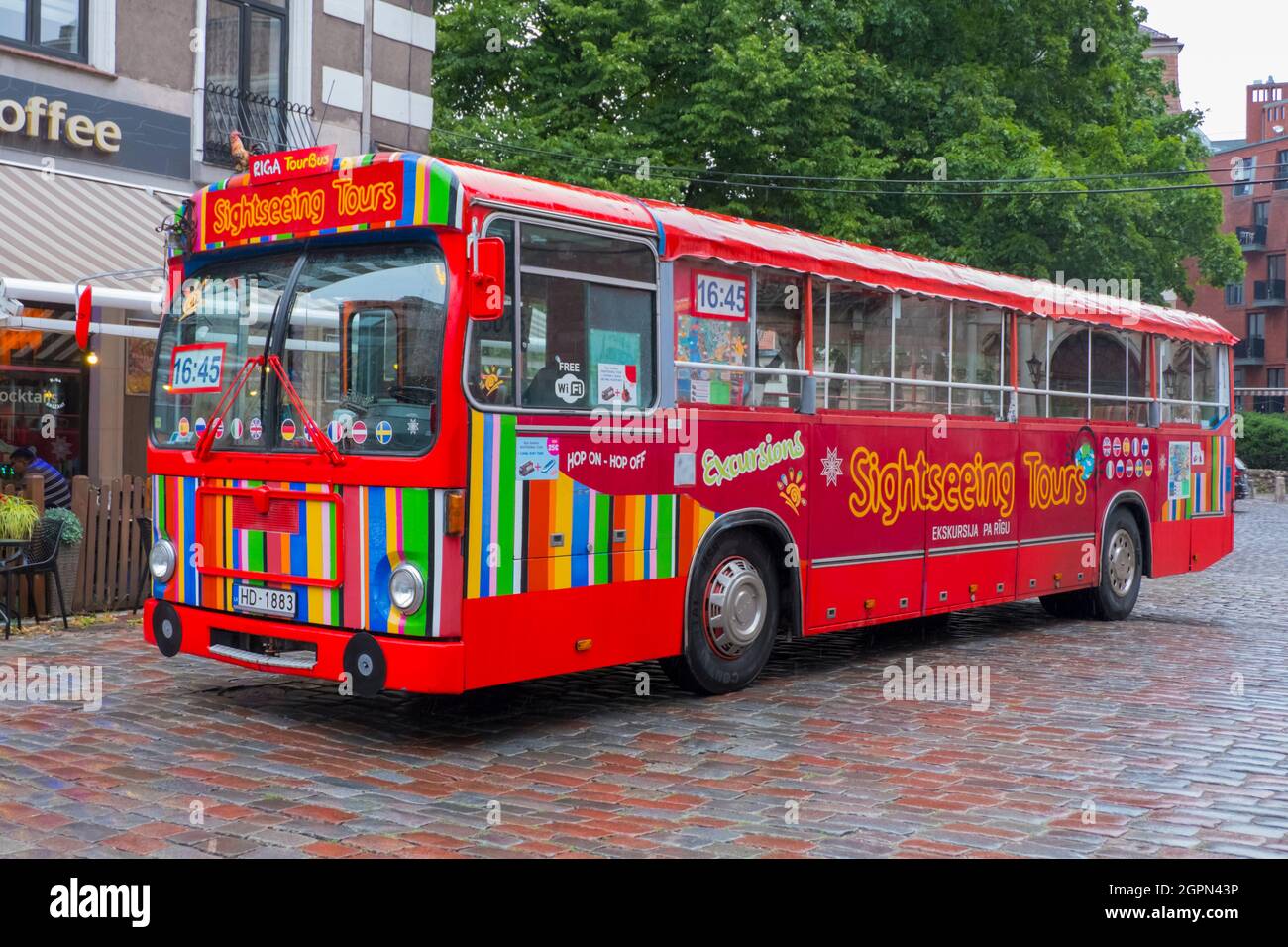 Sightseeing tour bus, old town, Riga, Latvia Stock Photo