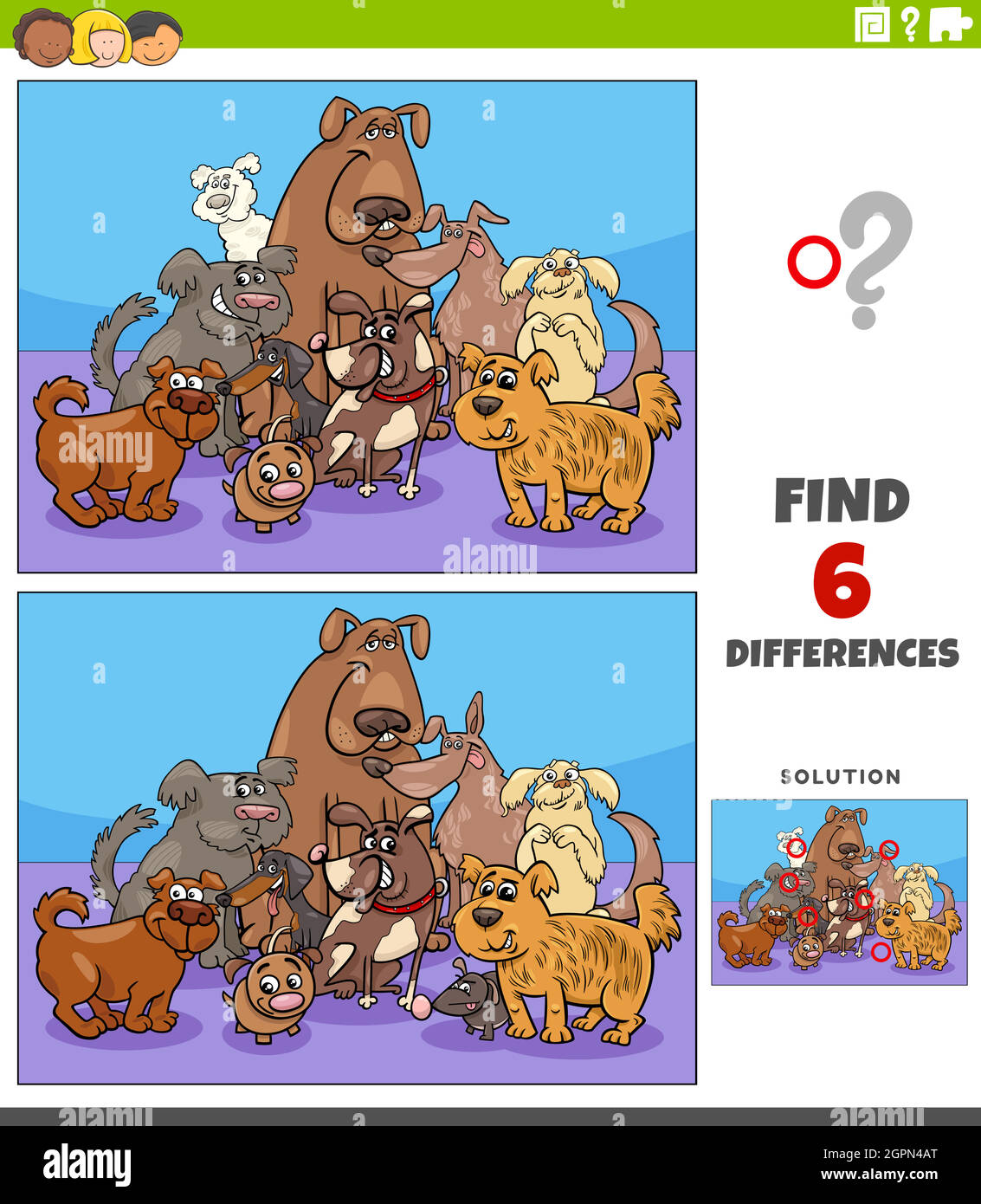 differences educational game with cartoon dogs characters Stock Vector