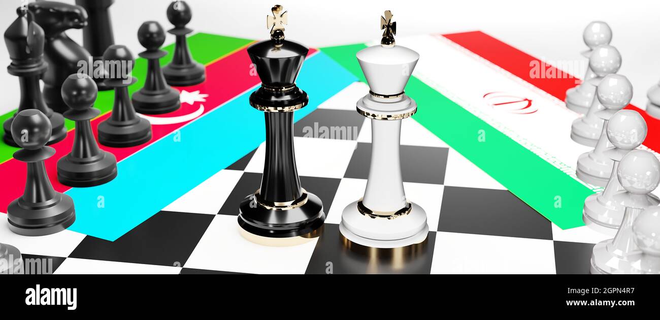 Azerbaijan and Iran conflict, clash, crisis and debate between those two countries that aims at a trade deal and dominance symbolized by a chess game Stock Photo
