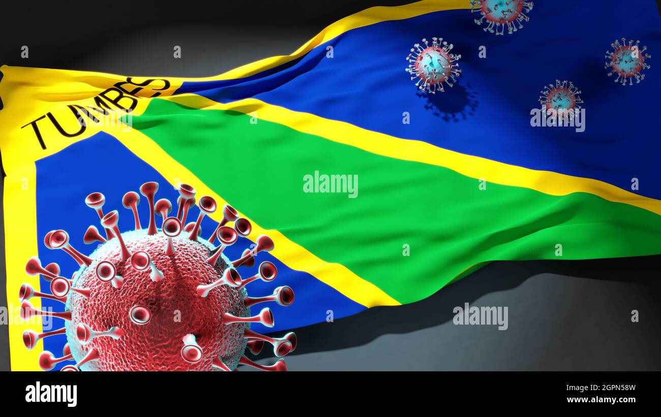 Covid in Tumbes - coronavirus attacking a city flag of Tumbes as a symbol of a fight and struggle with the virus pandemic in this city, 3d illustratio Stock Photo
