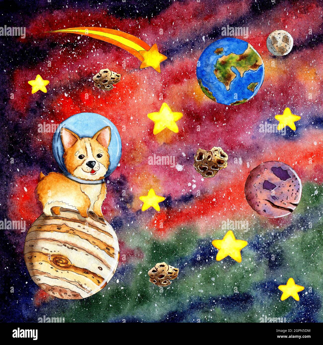 Watercolor illustration of a red-haired corgi puppy in a helmet in open space stands on Jupiter, around the stars, planets and asteroids. Cute cosmona Stock Photo