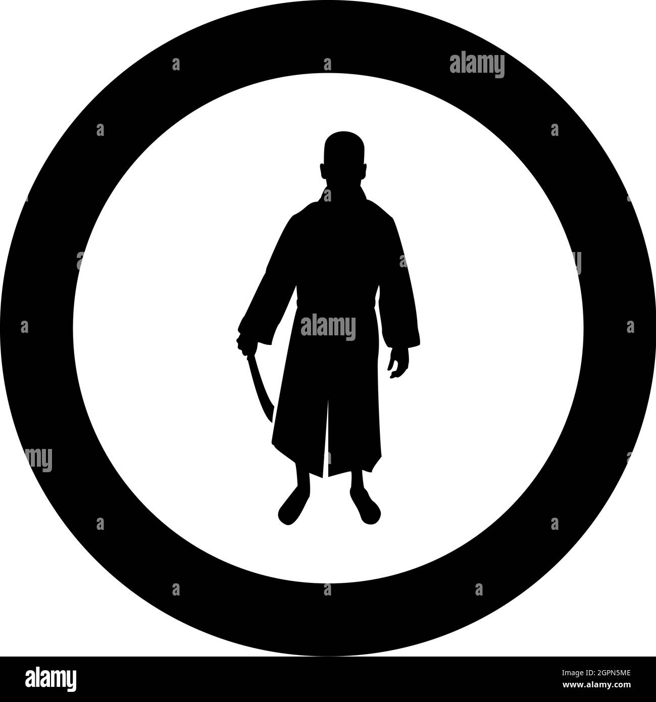 Man with sword machete Cold weapons in hand military man Soldier Serviceman in positions Hunter with knife Fight poses Strong defender Warrior concept Weaponry Stand silhouette in circle round black color vector illustration solid outline style image Stock Vector