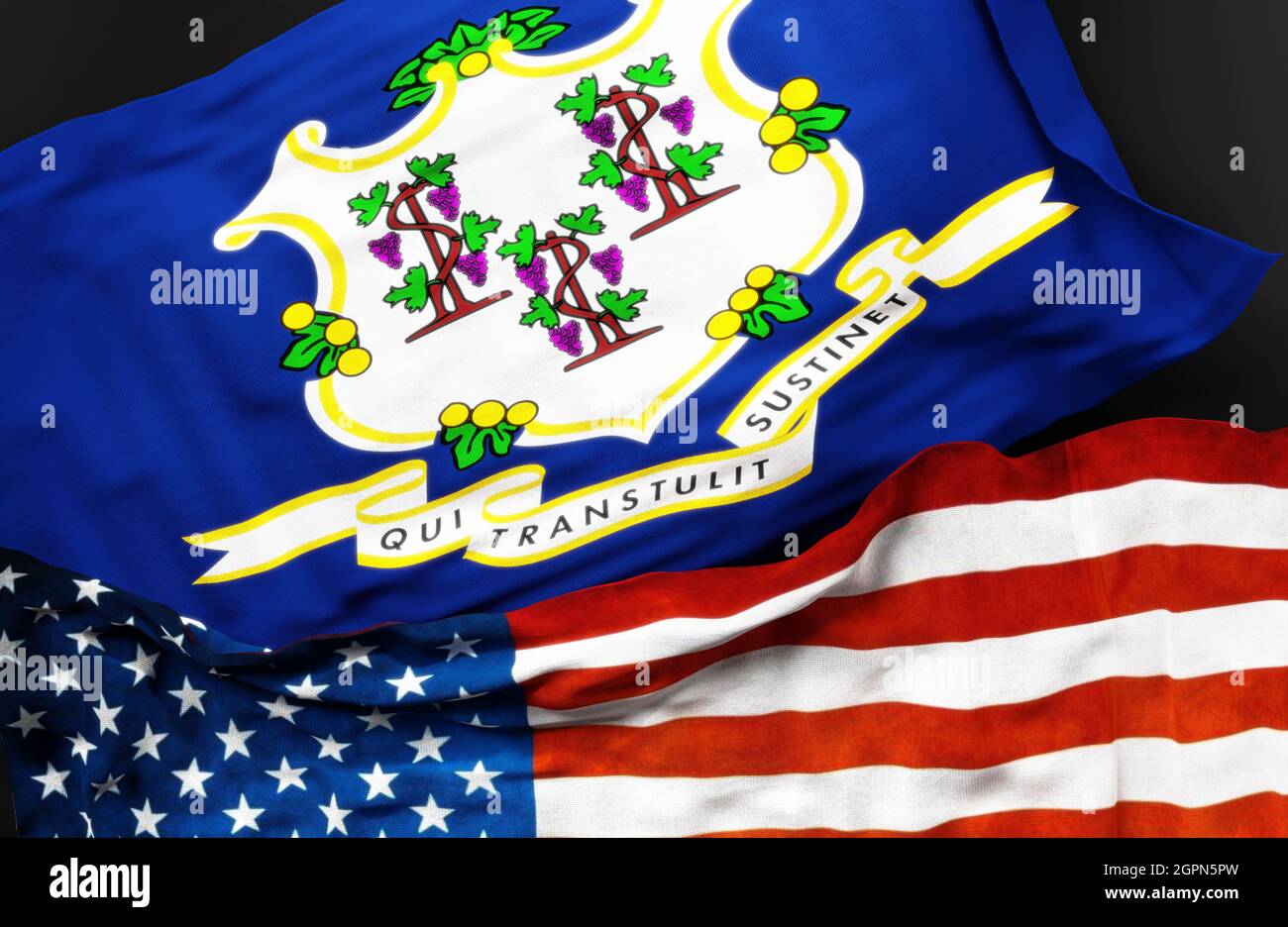 Flag of Connecticut along with a flag of the United States of America as a symbol of unity between them, 3d illustration Stock Photo