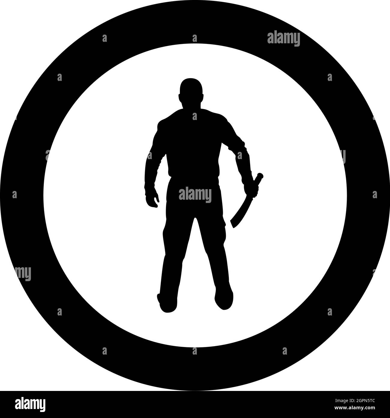 Man with sword machete Cold weapons in hand military man Soldier Serviceman in positions Hunter with knife Fight poses Strong defender Warrior concept Weaponry Stand View from rear Terrible and scary silhouette in circle round black color vector illustrat Stock Vector