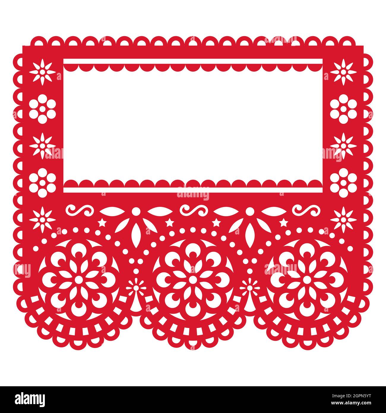 Papel Picado party garland decoration - vector template design with empty space for text, red Mexican paper cut out background with flowers and geomet Stock Vector
