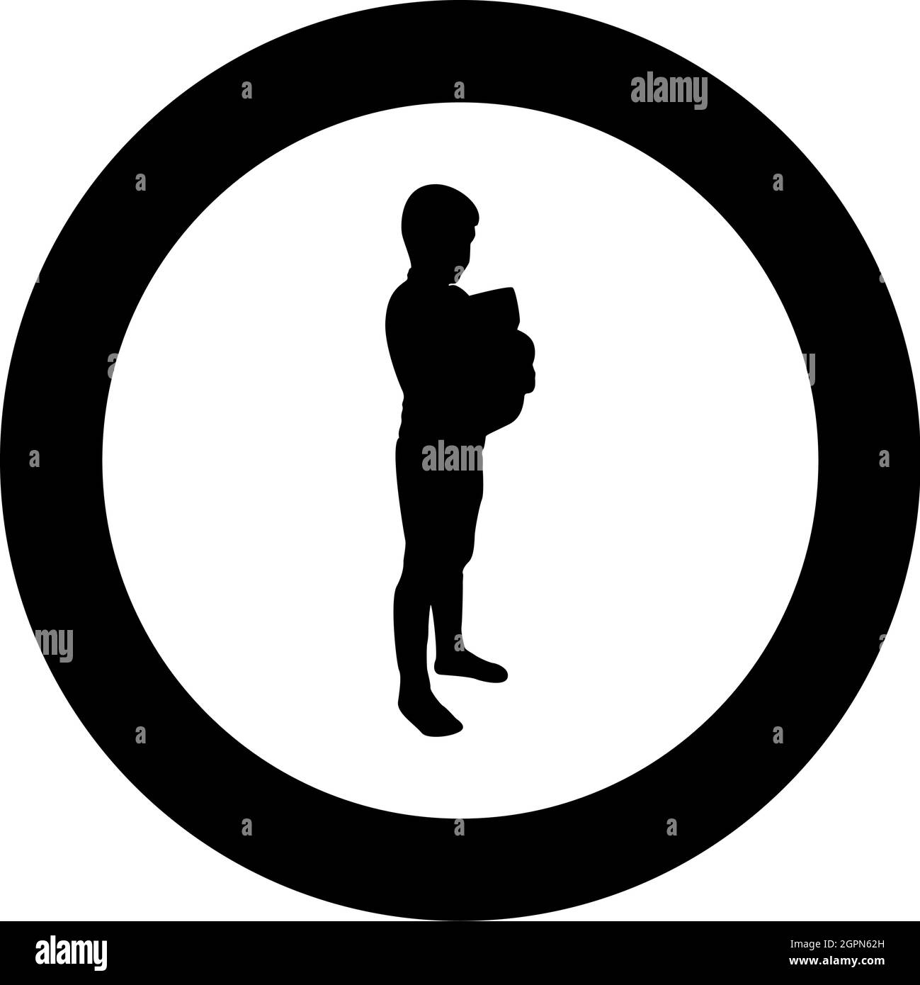 Boy hugs pillow arm Child holds cushion hugging hands Preschool hug Cute brother standing Son stand Children happy Kid going to bed Person bedtime concept Sleep snuggle idea View side silhouette in circle round black color vector illustration solid outlin Stock Vector
