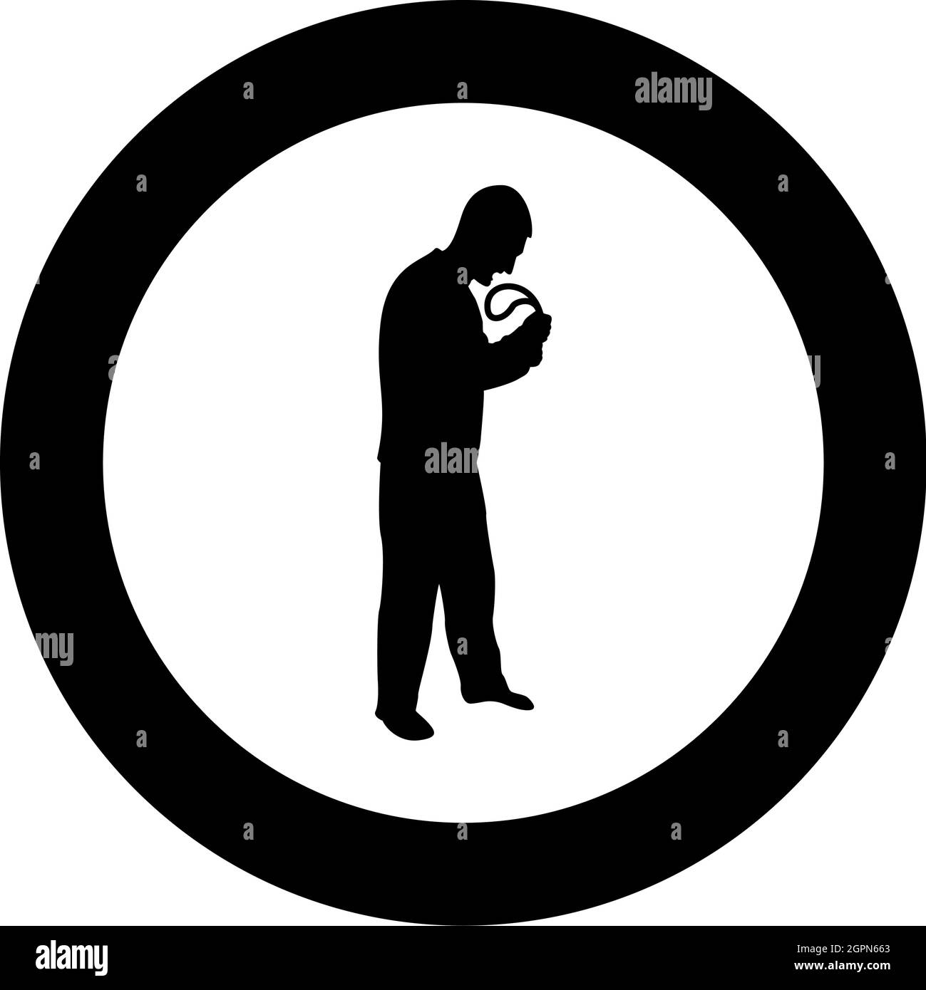 Angry man with belt in hand for punishment warns Violence in family concept Abuse idea Domestic trouble Fury male threatening victim Social problem Husband father emotionally aggression against human Bullying silhouette in circle round black color vector Stock Vector