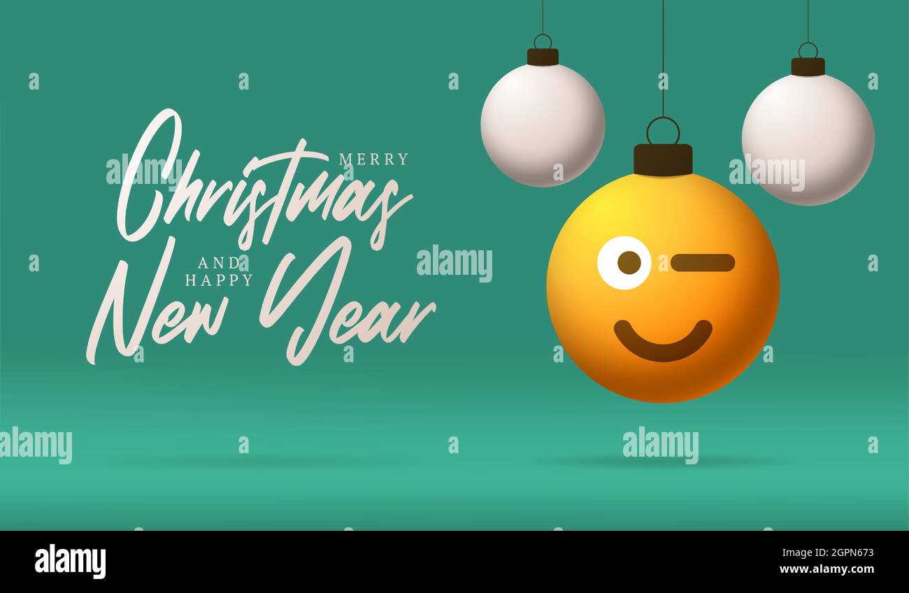 Merry Christmas card with smile emoji face. Vector illustration in flat ...