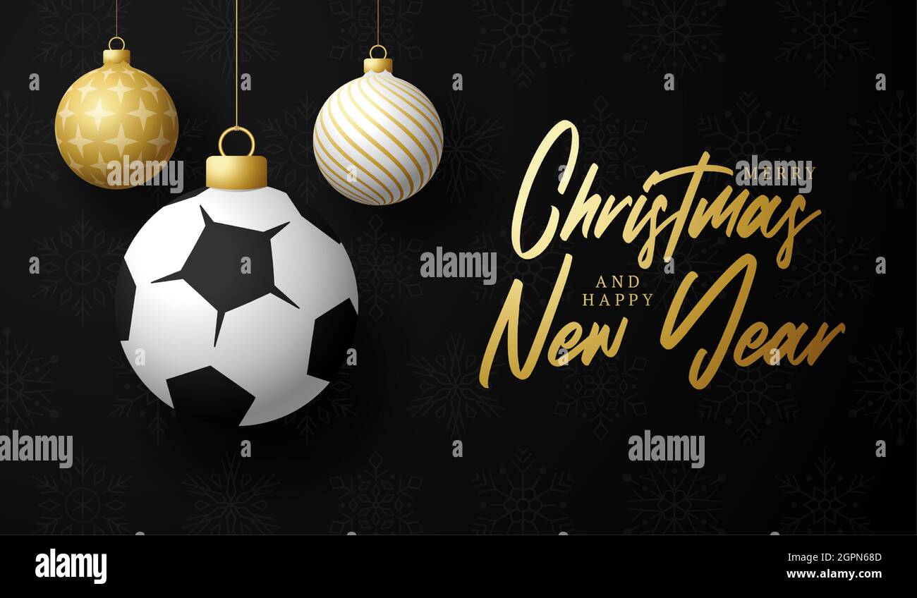 soccer Merry Christmas and Happy New Year luxury Sports greeting card. football ball as a