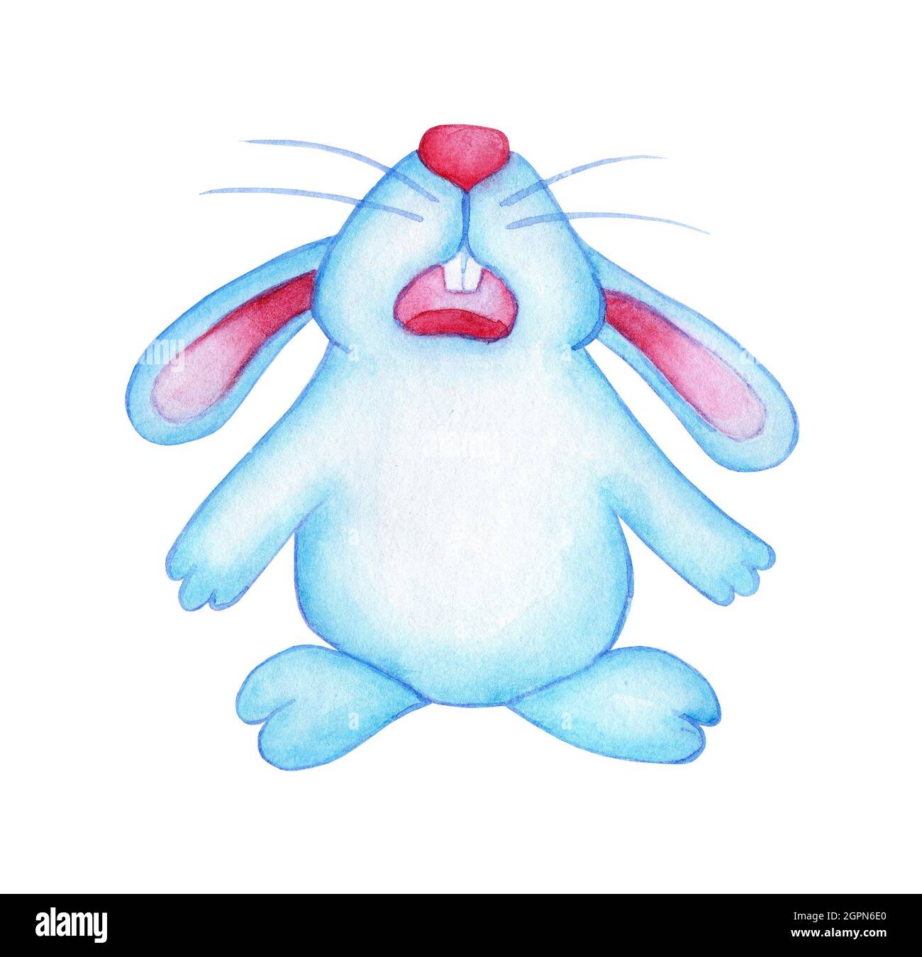 Watercolor illustration of a blue cute Easter bunny who is sad, disappointed and crying. Drawing of a hare for a postcard, baby shower or clothes. Eas Stock Photo