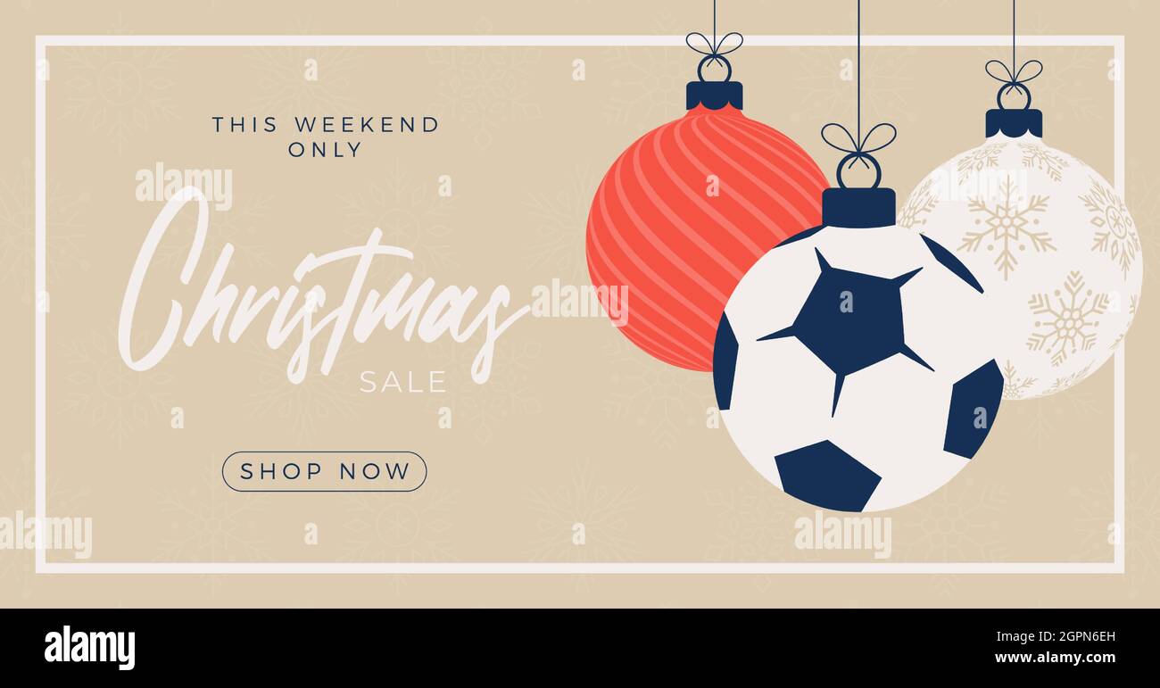 Premium Vector  Football christmas greeting card. merry christmas and  happy new year flat cartoon sports banner. soccer ball as a xmas ball on  background. vector illustration.