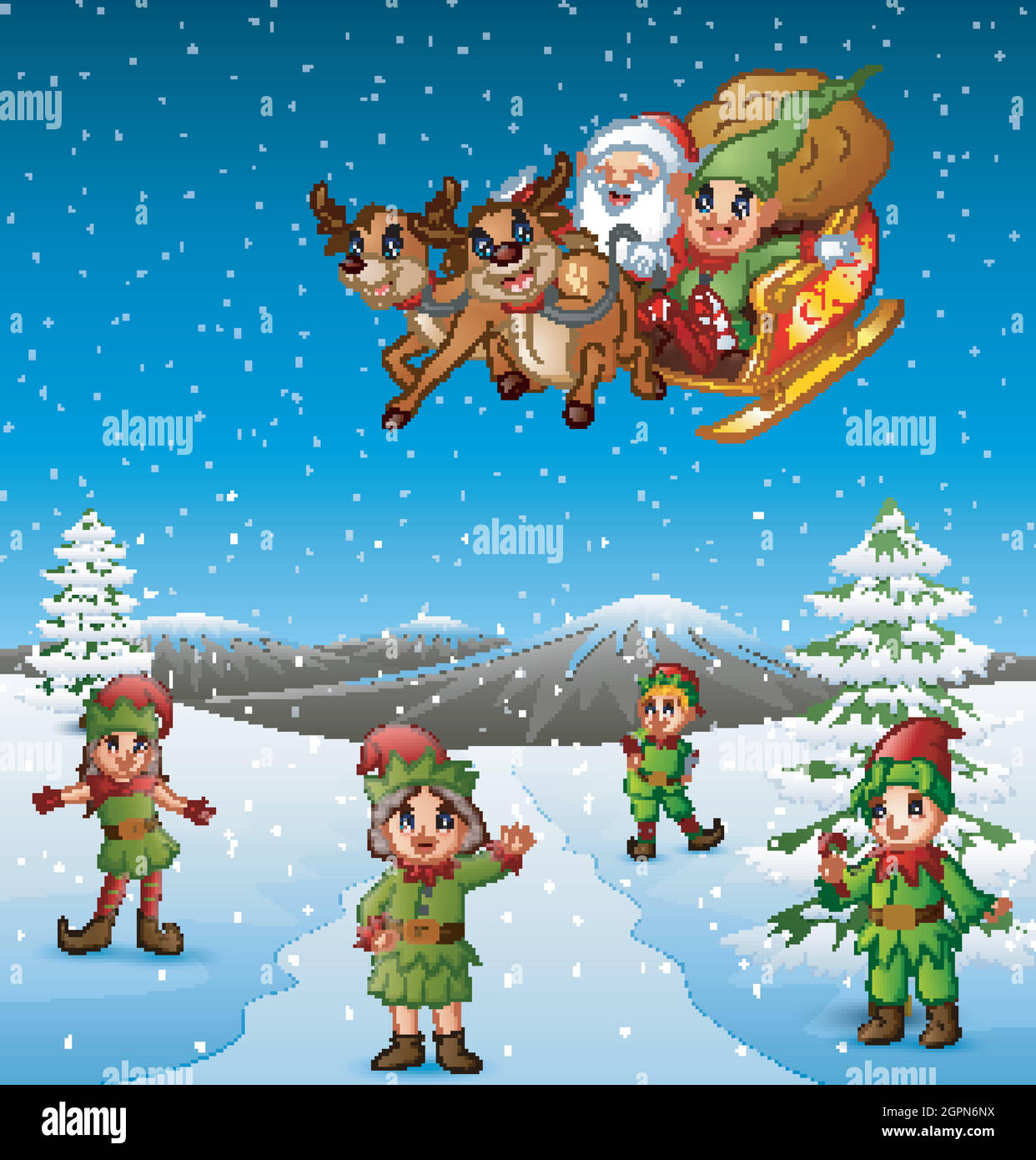 Happy kids wearing elf costume in the snowing hill with santa flying over them Stock Vector